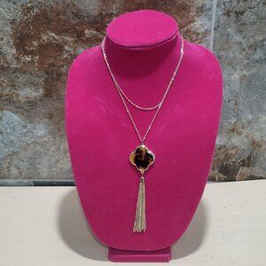 Long Gold Toned Necklace Four Leaf Clover Pendant Tassel